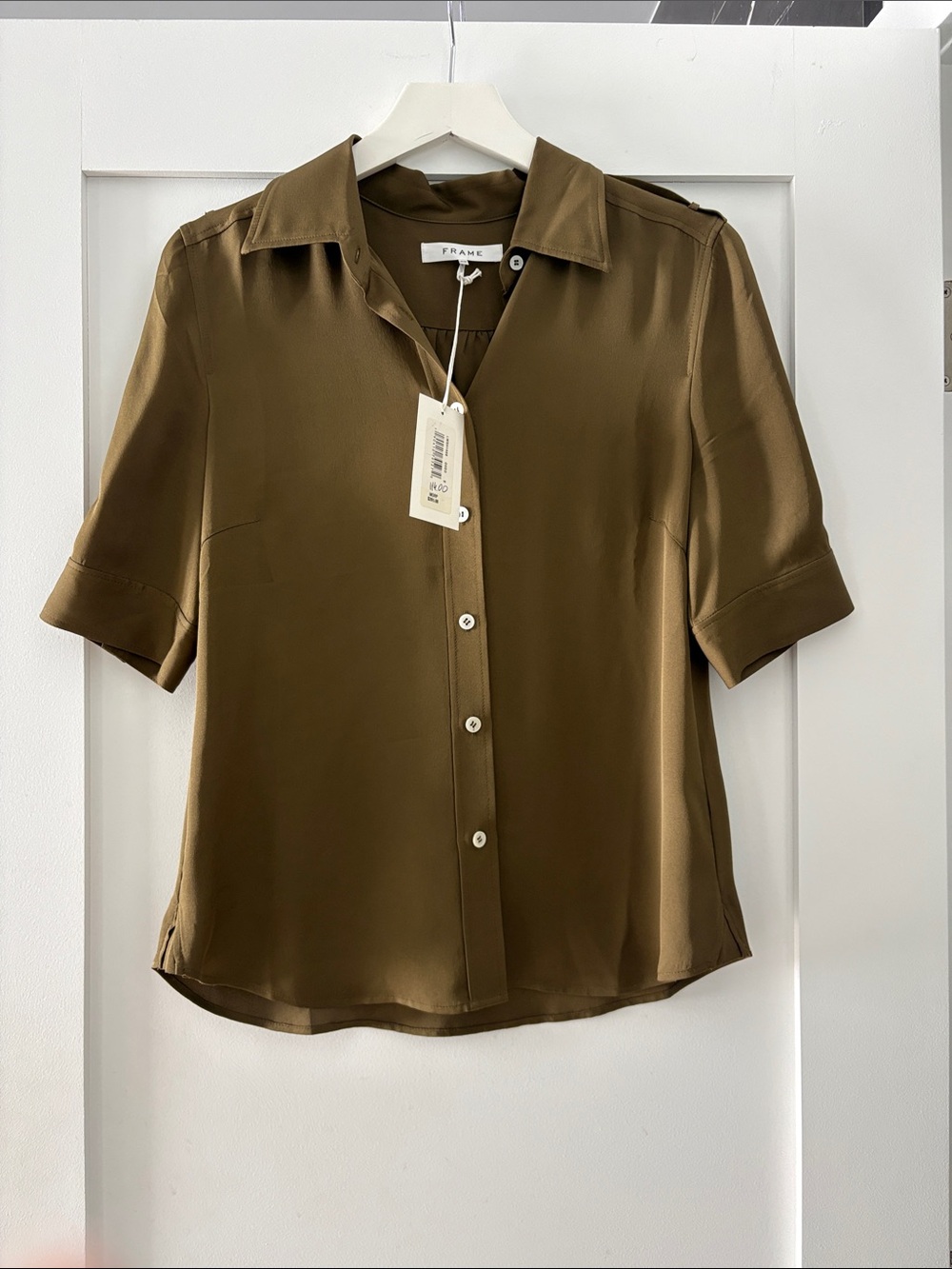 Frame Denim Short Sleeve Button-Front Shirt in Olive Green.
